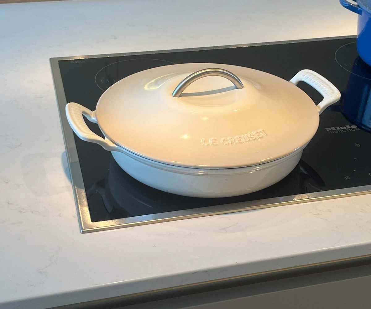 The Le Creuset Modern Heritage Round Braiser on my induction stove