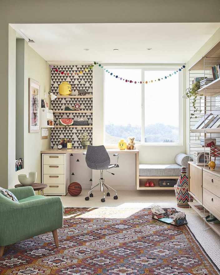 teen kids/bedroom ideas with wallpaper, desk, multicolored rug, green armchair
